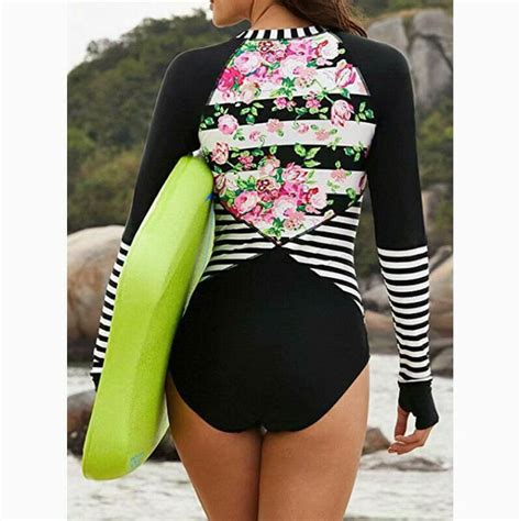 Women Long Sleeve Floral Printed Zip Front One Piece Swimsuit Surfing