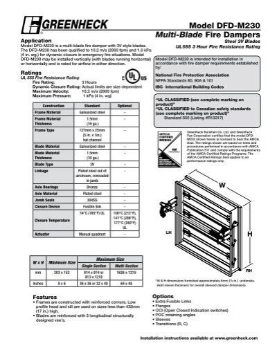 Model Dfd M230 Multi Blade Fire Dampers Greenheck