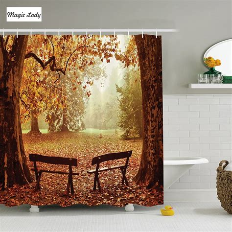 Shower Curtain Autumn Scenic Decor Fall Foliage Leaves Forest Tree View