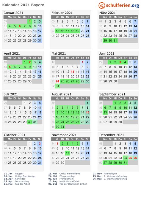 Kalender mit feiertagen in bayern 2021. Kalender 2021 + Ferien Bayern, Feiertage