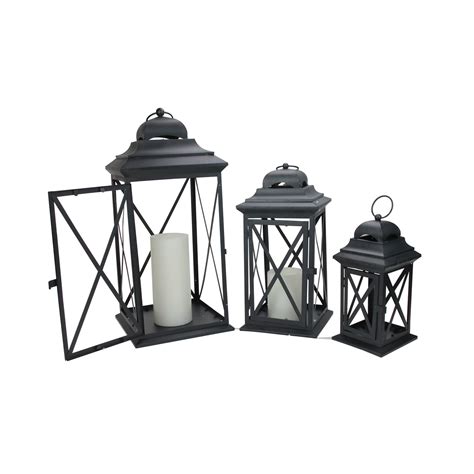 Set Of 3 Midnight Black Iron And Glass Pillar Candle Lanterns With