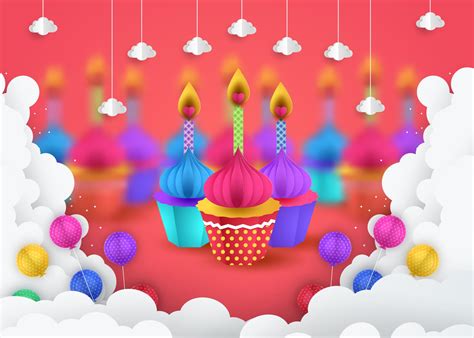 Paper Art Of Cupcakes Happy Birthday Celebration Art And Illustration
