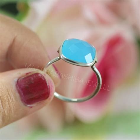 Blue Chalcedony Ring Sterling Silver Ring Etsy