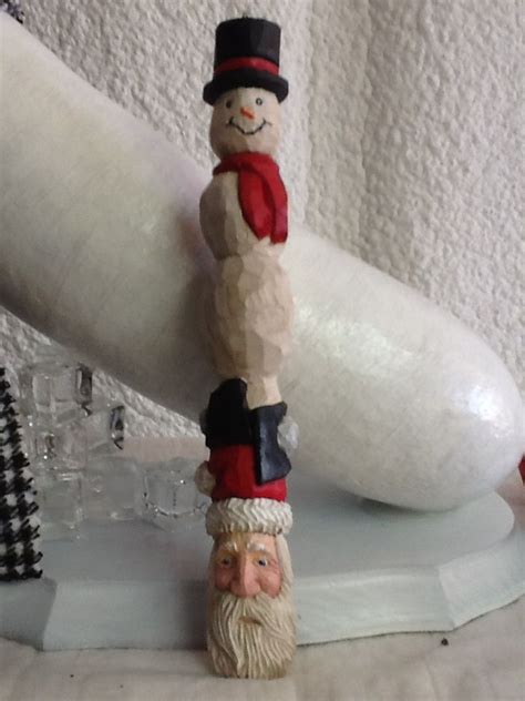 Hand Carved Christmas Totem Pole With A Snowman Jingle Bells And Santa