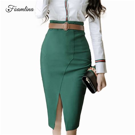 Foamlina Falda De Tubo Verde Para Mujer Falda Elegante De Cintura Alta Con Abertura Frontal
