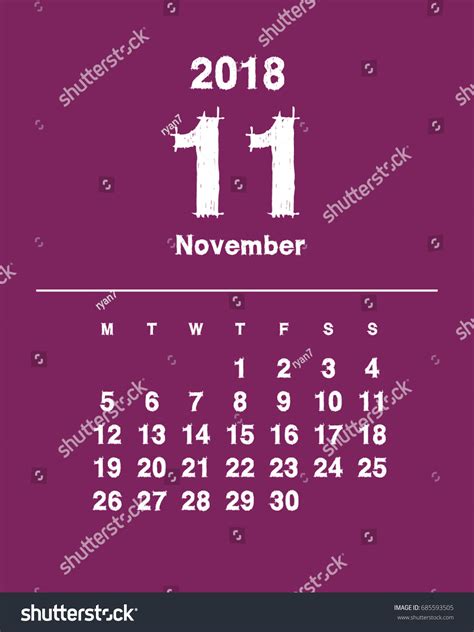 Simple November 2018 Calendar Week Starts Stock Vector Royalty Free
