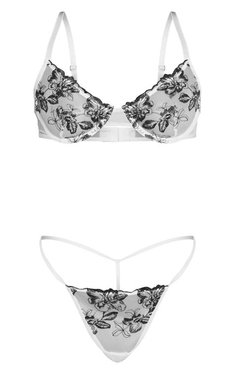 White Floral Contrast Embroidery Lingerie Set Prettylittlething Sa