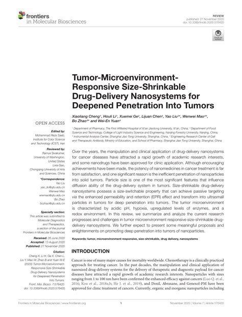 Pdf Tumor Microenvironment Responsive Size Shrinkable Drug Delivery Nanosystems For Deepened