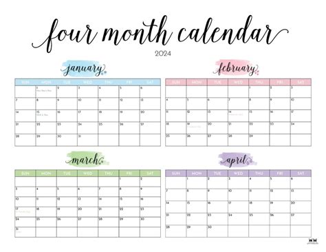 Four Month Calendars Free Printables Printabulk