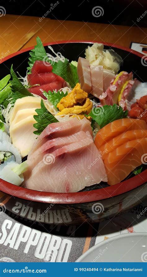 Sashimi Sushi Fresh Seafood Platter At Japanese Restaurant Editorial