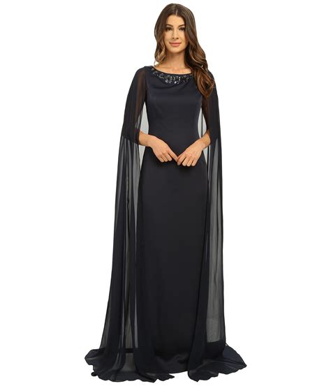 Adrianna Papell Cape Dress With Neck Beading In Black Lyst