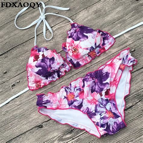 Fdxaoqy Sexy Bikini Set Push Up Swimwear Women Swimsuit Halter Bathing Suit Print Brazilian