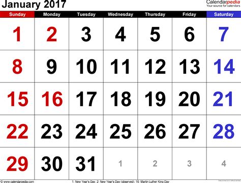 january 2017 calendar templates for word excel and pdf