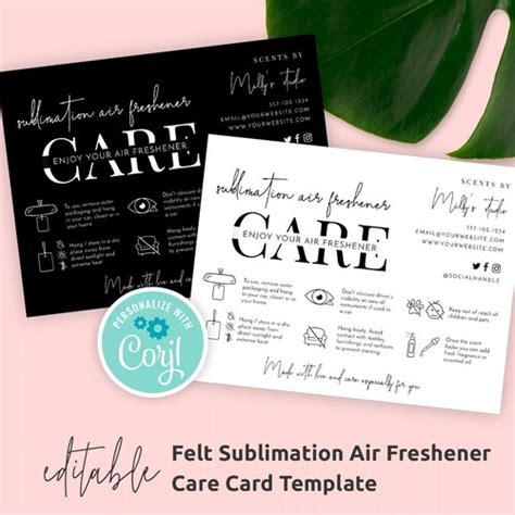 Car Freshener Care Card Template Editable Sublimation Air Etsy Canada