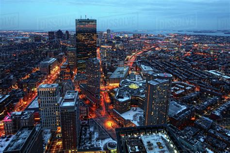 An Aerial Night View Of Boston City Center Massachusetts Stock Photo