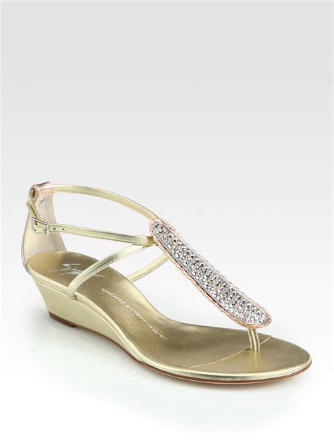 The style of your life. Giuseppe Zanotti Crystalcoated Metallic Leather Wedge Sandals in Gold | Lyst