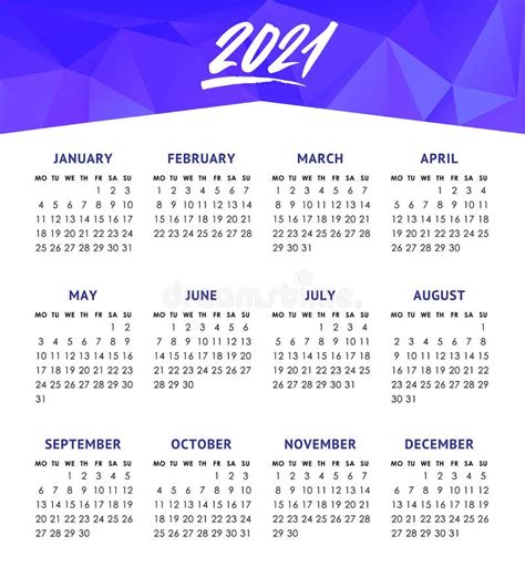 Calendario Vectorial Para 2021 Año Aislado En Fondo Blanco Semana Empieza El Lunes Ilustración
