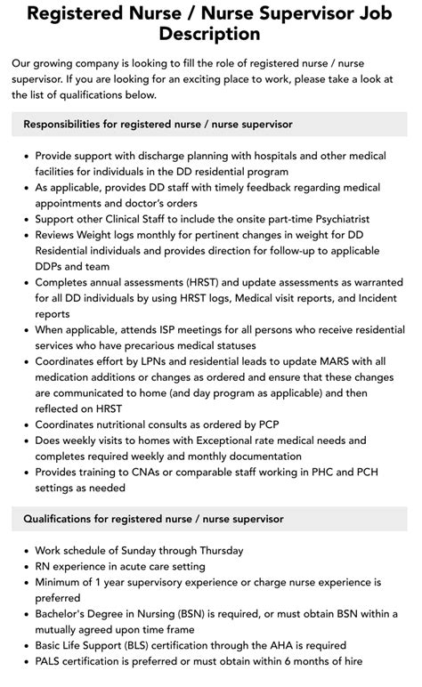 Registered Nurse Nurse Supervisor Job Description Velvet Jobs
