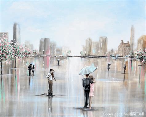Original Abstract Painting Couple Umbrella City Walk In Rain Wall Art