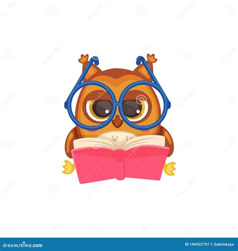 Cute Owl Reading A Book Wise Smart Cartoon Bird In Big Glasses Stock