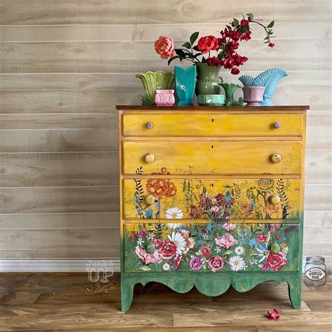 Yellow Vintage Wood Dresser 4 Drawers Painted With Floral Transfer In