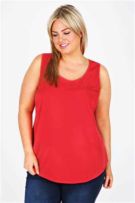 Red Sleeveless Top With Curved Dipped Hem Tique A Bou
