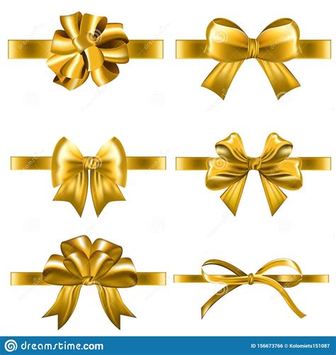 Set Of Decorative Golden Bows With Horizontal Yellow Ribbon Isolated On White Background Stock