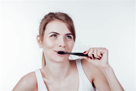 Beautiful Girl Cleans White Teeth Toothbrush Smile Stock Image Image