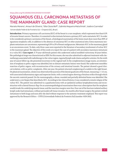 Pdf Squamous Cell Carcinoma Metastasis Of The Mammary Gland Case Report