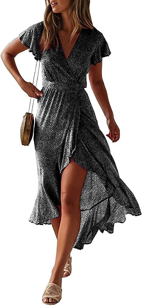 Zesica Womens Bohemian Floral Printed Wrap V Neck Short Sleeve Split Beach Party Maxi Dress