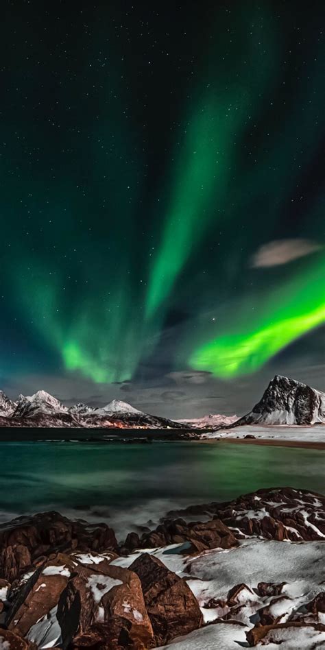 Download Wallpaper 1080x2160 Arctic Mountains Nature Aurora Borealis