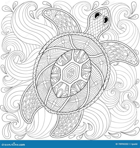Turtle In Ocean Waves Zentangle Style Vector Illustration