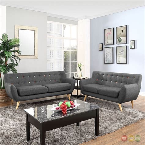 Remark Modern 2pc Button Tufted Upholstered Living Room Set Gray