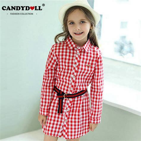 Candydoll Children Girls Turn Down Collar Long Sleeve Red Plaid Cotton