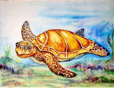 Green Sea Turtle 9x12 Original Watercolor By Sheila Faye