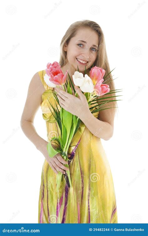 Portret Szczęśliwa Dziewczyna Z Bukietem Wiosna Tulipany Obrazy Stock