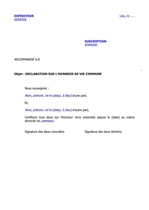 Modelé de declaration sur lhonneur de vie commune DOC PDF page 1 33930