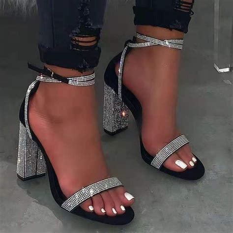 Rhinestone Block Heels Ankle Strappy Bling Sandals For Women