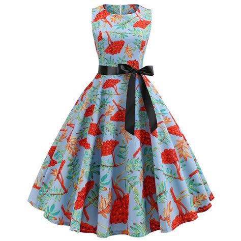 Summer Dress Women A Line Sweet Floral Print Belt Elegant 50s Vintage
