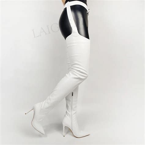 Laigzem Women Thigh High Chap Boots Side Zip Pointed Toe Faux Leather