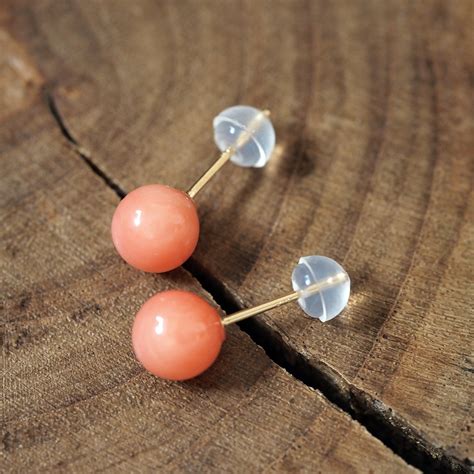 Undyed Natural Coral Beaded Stud Earrings K Gold Post Etsy