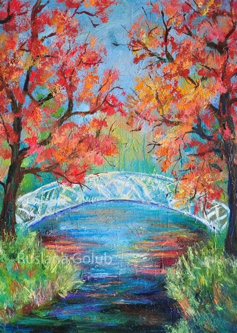 Autumn Park Impressionist Art Fall Nature White Wooden Bridge Plein Air