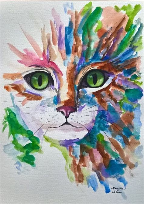 A Watercolor Painting Of A Cats Face With Green Eyes And Colorful Hair