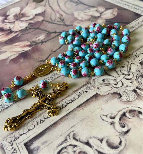Handmade Teal With Pink Flower Glass Beaded Rosary Etsy In 2021