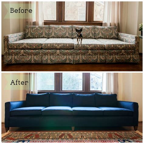 I have a large older, expensive black leather sofa that i'd love to have reupholstered in a cream colored chenille type fabric. Couch before-after | Sofa reupholstery, White leather sofa ...