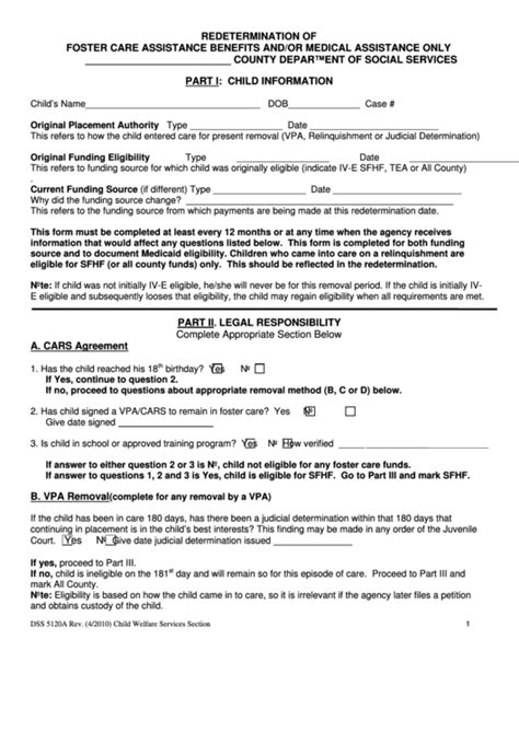 Fillable Form Dss 5120a Redetermination Of Foster Care Assistance