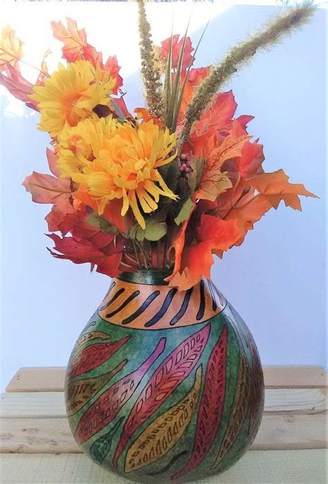 Gourd Vase Feather Design Vase Gourds Wood Burned Gourds Floral