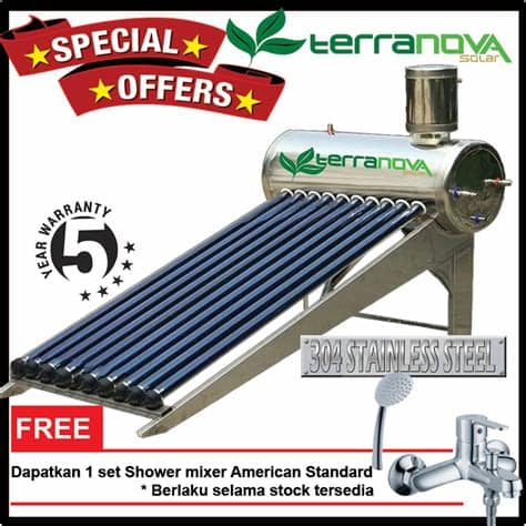 Banyak kelebihan keuntungan serta manfaat menggunakan pemanas air tenaga surya atau solar water heater daripada jenis peralatan pemanas air lainnya yang saat ini sudah banyak beredar dipasaran mengingat semakin besarnya minat masyarakat dalam memenuhi kebutuhan air panas. Jual Terranova HOT PROMO solar water heater pemanas air ...