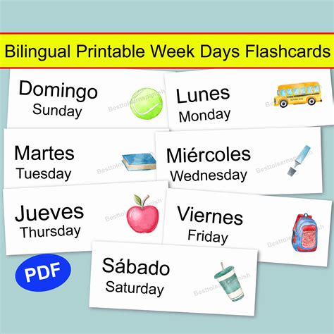 Days of the Week Bilingual Flashcards Flashcards de los días Etsy España