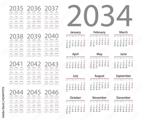 Simple Calendar 2034 On White Background Vector Illustration Stock